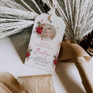 Red green gold baptism favor tags winter theme in Spanish printable, flores bautizo gracias tag español con foto, boho bautizo gift tag-C308
