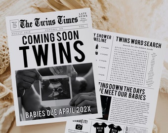 Twins newspaper baby shower printable, newspaper baby shower, twins baby news, pregnancy announcement, newspaper pregnancy announcement