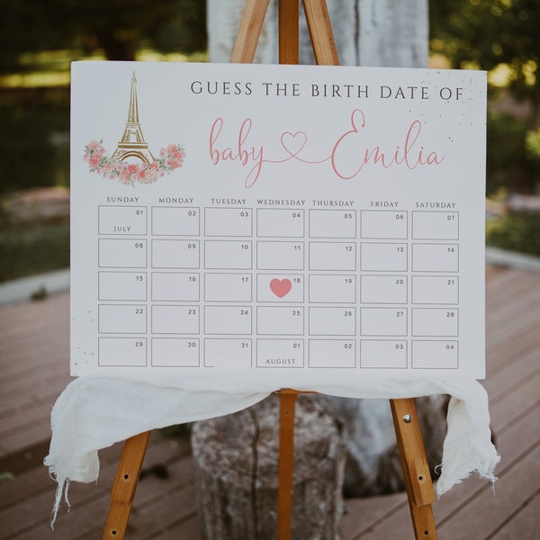 Baby shower games printable paris, baby shower due date calendar for baby girl, pink floral eiffel tower baby shower due date calendar -C445