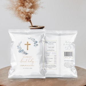 May include: Two white cellophane bags with gold text and a cross design, likely for a First Holy Communion. The bags have text that reads "James' First Holy Communion" and "24 April 202X".