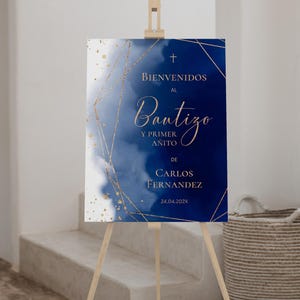 Blue and gold boy bautizo welcome sign printable, blue navy watercolor bautizo welcome sign in spanish, cartel de bautizo de un niño - C131