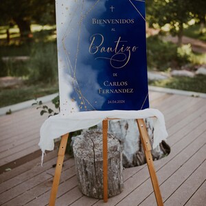 Cartel bienvenida blue & gold bautizo niño sign printable, spanish baptism welcome sign, navy watercolor spanish baptism welcome sign - C131