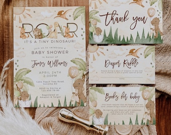 May include: A set of four baby shower invitations with a dinosaur theme. The invitations are decorated with green leaves, a sun, and clouds. The text on the invitations reads "Roar, It's a Tiny Dinosaur!" and "Join us to celebrate a Baby Shower in honor of James Williams".
