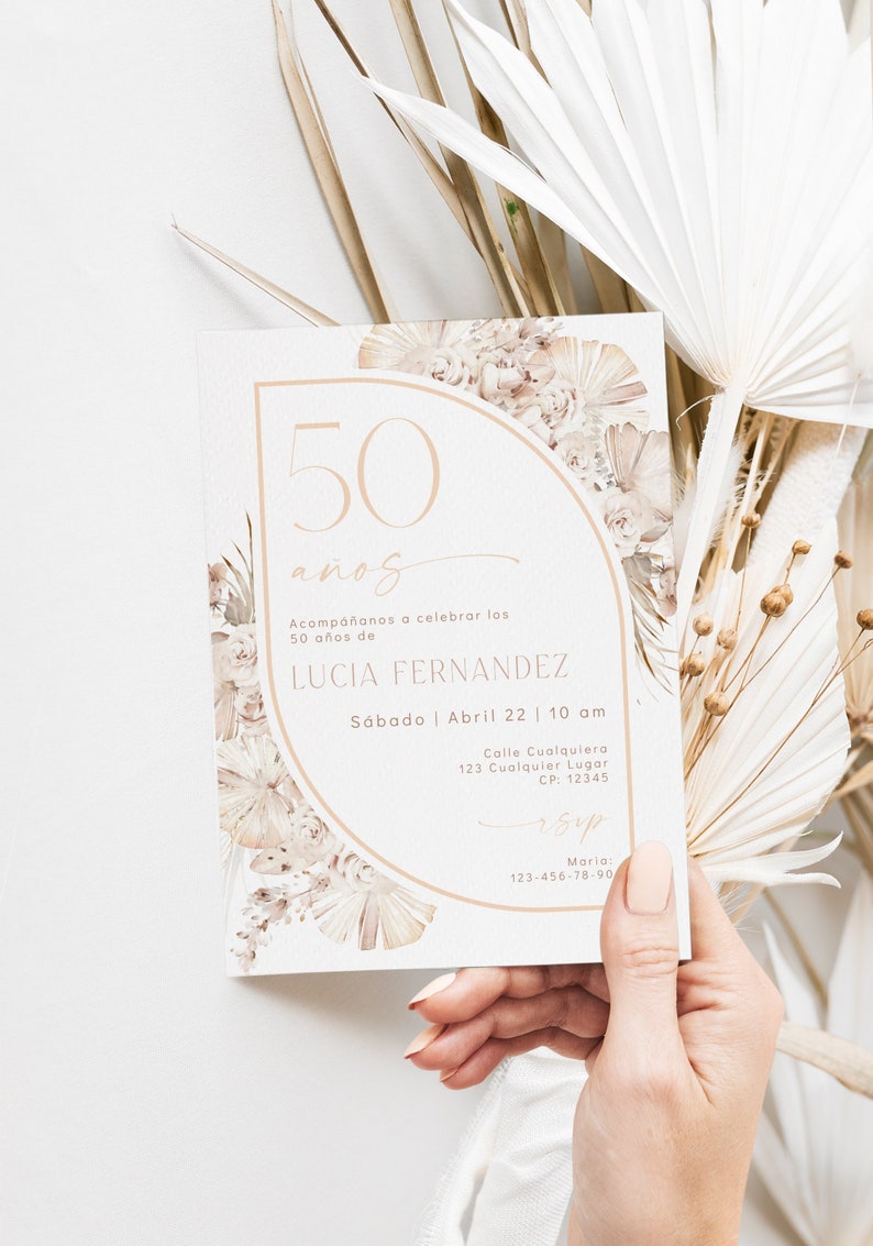 Invitación de 50 años mujer, spanish 50th birthday surprise invitation, all ages adult birthday invitation printable, boho bday invite image 5