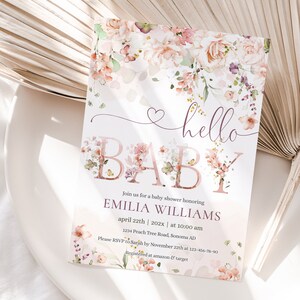 Blush pink floral hello baby invitation template, floral baby shower invitation for girl, floral girl invite, baby brunch sprinkle - C134 image 5