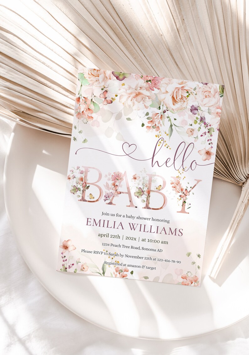 Blush pink floral hello baby invitation template, floral baby shower invitation for girl, floral girl invite, baby brunch sprinkle - C134 image 5