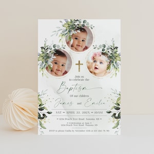 Baptism invitation triplets, girl and boy baptism invitation with photo template, greenery triplets baptism invitation editable - C005