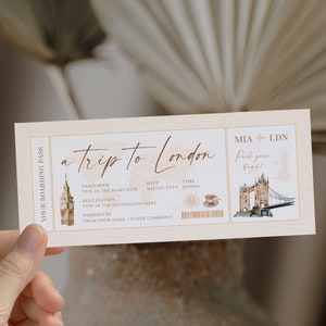 May include: A rectangular boarding pass invitation with a cream background featuring the text a trip to London, MIA to LDN, and Pack your bags. It includes watercolor illustrations of Big Ben, Tower Bridge, a teacup, and a world map graphic.