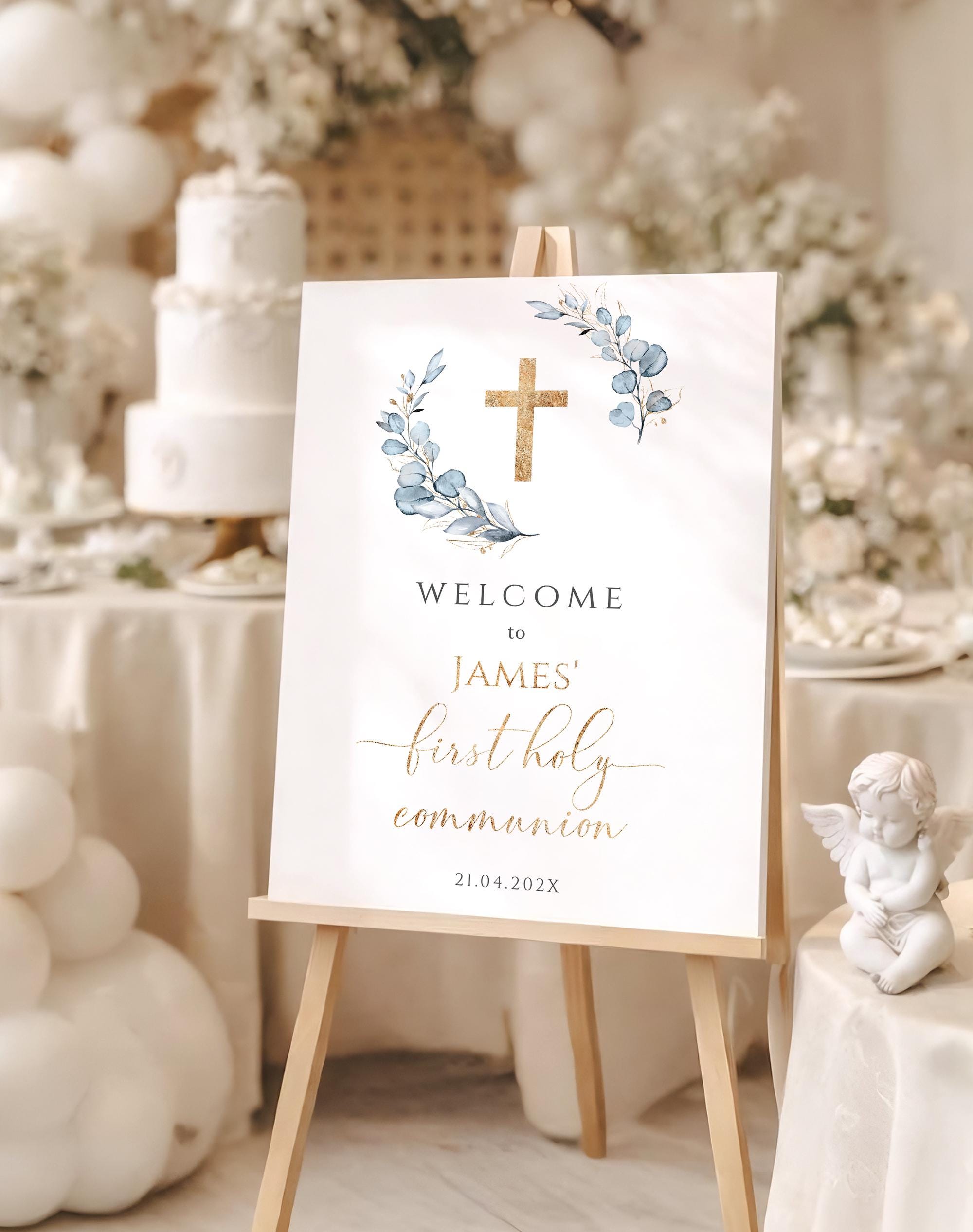 Modern Blue Eucalyptus Holy Communion Welcome Sign Printable ...