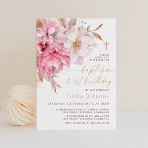 Pink peony baptism 1st birthday invitation card editable, gold modern watercolor flowers baptism & first birthday invitation for girl C332 image 1
