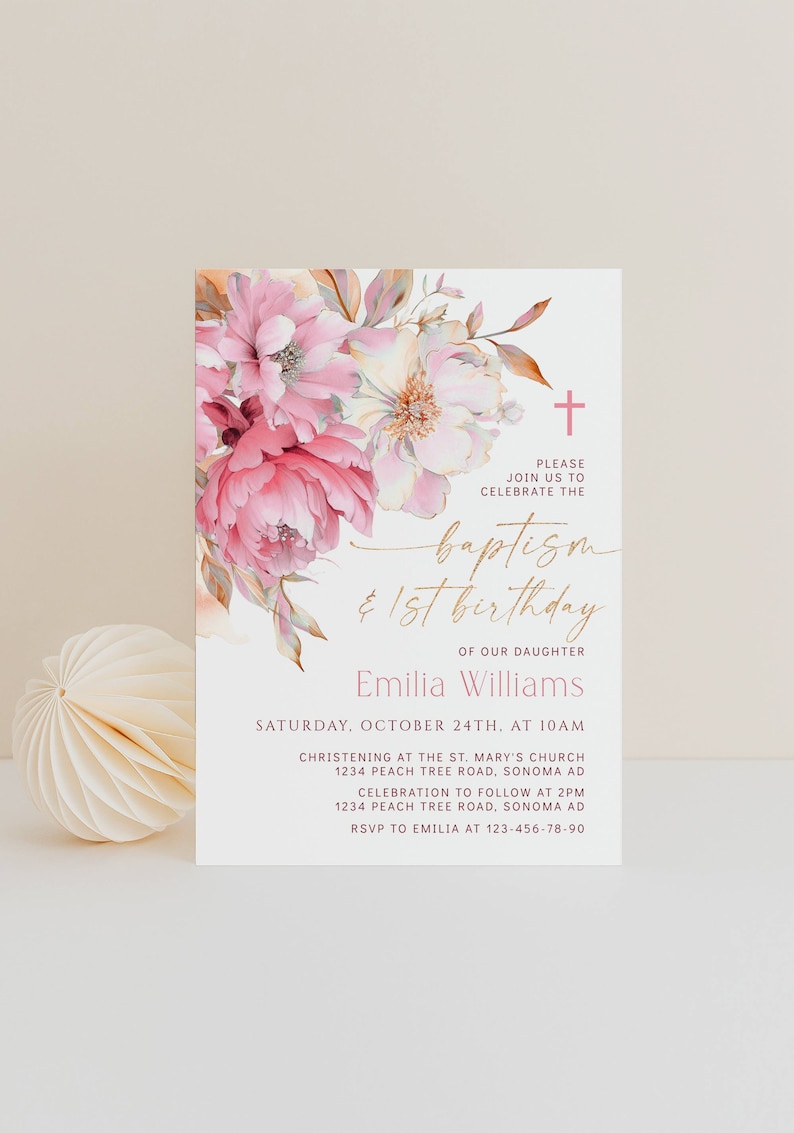 Pink peony baptism 1st birthday invitation card editable, gold modern watercolor flowers baptism & first birthday invitation for girl C332 image 1