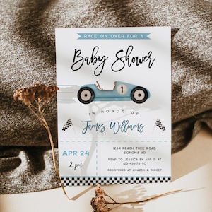 Blue retro car boy baby shower invitation, boy race car baby shower invitation, vintage sports car baby shower invitation printable - C274