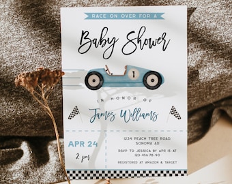 Blue retro car boy baby shower invitation, boy race car baby shower invitation, vintage sports car baby shower invitation printable - C274