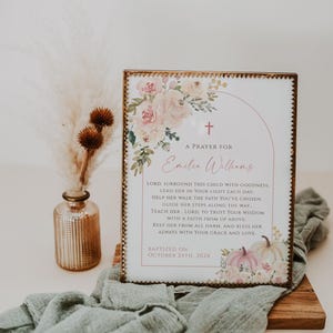 Pink pumpkin christening prayer table sign, modern fall baptism prayer sign template, fall floral baptism prayer card for girl - C325
