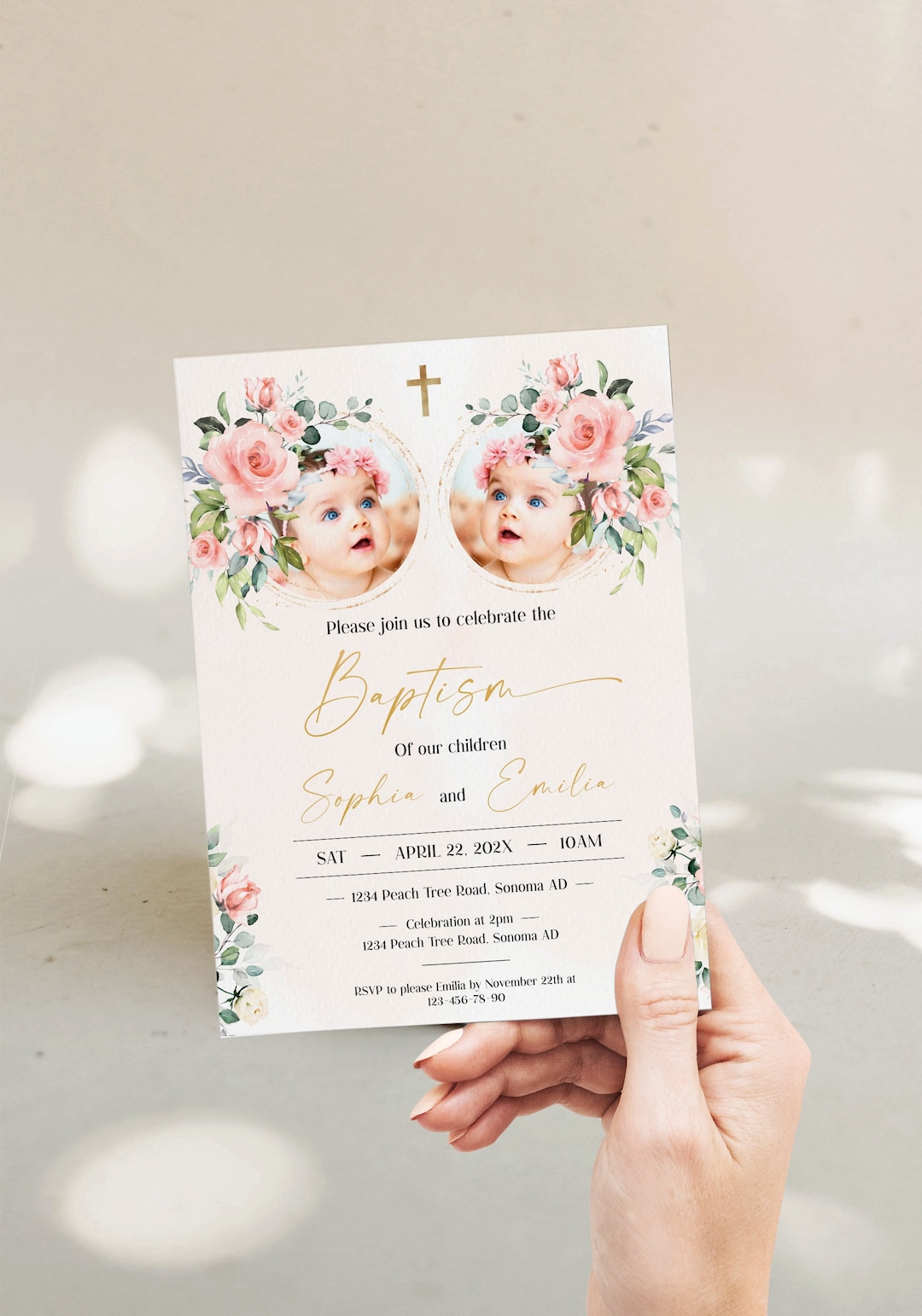 Baptism Invitation Twins Girl, Baptism Invitation With Photo Template, Floral Baptism Invitation