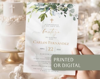 Eucalipto invitacion de bautizo, invitacion bautizo en espanol, invitación bautizo niño, reveal baptism invitation in spanish green - C34