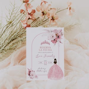 Reserva la fecha quinceañera card template, girl rosa floral quinceañera save the date, spanish bohemian save the date 15 bday party - C629