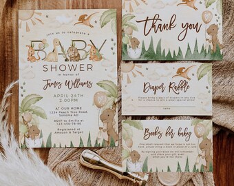 May include: A set of four baby shower invitations with a dinosaur theme. The invitations are decorated with green leaves, brown dinosaurs, and yellow suns. The text on the invitations reads "Join us to celebrate a Baby Shower in honor of James Williams, April 24th, 2:00PM, At Our Home, 1234 Peach Tree Road, Sonoma AD, RSVP to Emilia at 123-456-78-90, Registered at Amazon & Target". The invitations also include a thank you card, a diaper raffle card, and a books for baby card.