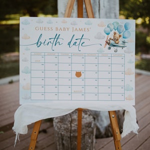 Airplane bear guess baby due date calendar template, blue decor boy baby shower guess baby due date calendar, baby shower party poster -C427