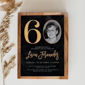 Oro 60 años invitación de cumpleaños con foto printable, gold black 50th birthday invite with photo in spanish, any age bday spanish - C400