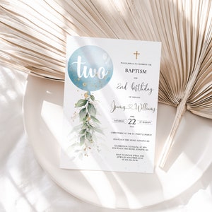 Baptism and 2nd birthday invitation template, baptism and two birthday invite boy, christening 2nd birthday invitation, baby religious - C19