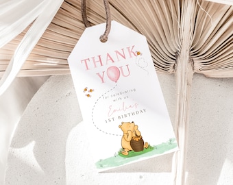 Classic winnie the pooh 1st birthday party girl favor tag, girl birthday party thank you tag, winnie birthday gift tag printable - C538-g