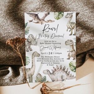 Rawr it&#39;s a tiny dinosaur baby shower invitation printable, dinosaur t-rex baby shower invite, watercolor dino baby shower invitation - C793