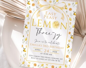 Easy peasy lemon three-zy birthday invitation template, citrus arch yellow bow birthday invitation, lemon 3rd birthday party invite - C738