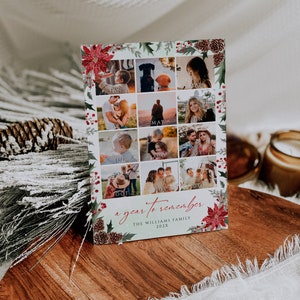 Poinsettia Christmas flowers year in review card, printable green red Christmas photo collage year in review card, winter cones postcard