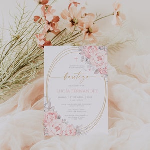 Bohemian pimk floral christening invitations in spanish, mi bautizo gold deco invitación card, elegant baptism invitation in spanish - C099