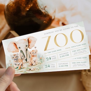 Zoo visit ticket voucher printable, surprise you're going to the zoo gift ticket, zoo animals trip ticket, wild animals safari gift ticket