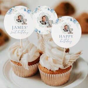 Elephant 1st birthday cupcake toppers with photo template, elephant first birthday boy cupcake toppers labels, floral elephant cupcake -C564