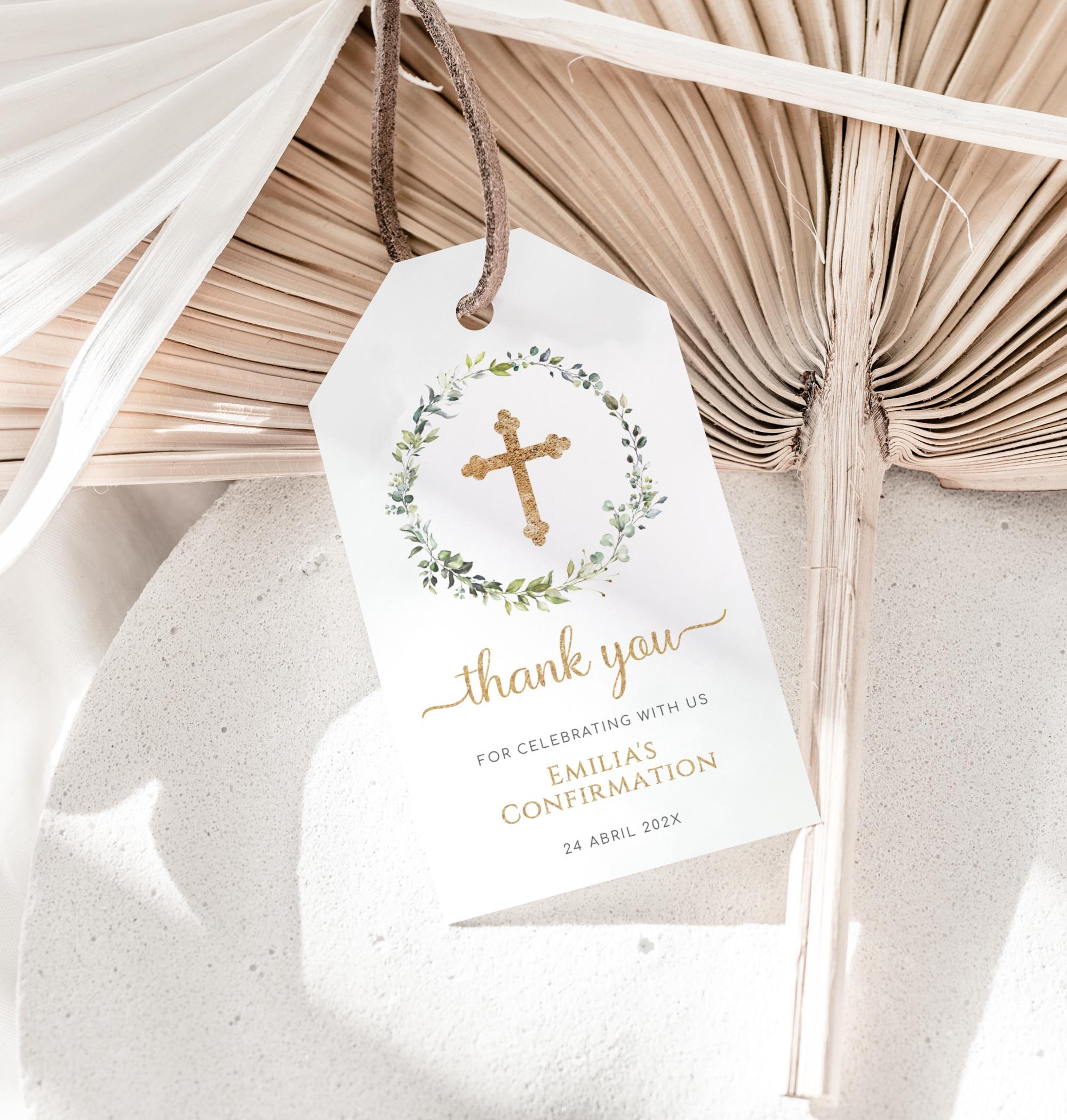 Green Leaves Confirmation Favor Tag Printable, Modern Gold Cross ...