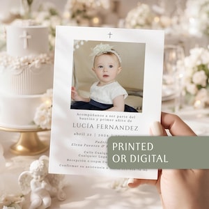 Bautizo Primer Año Invitation: Minimalisctic Photo Girl Christening, Invitación Bautizo Cumpleaños, Printed or Digital - C216