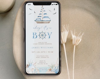 Electronic ocean & sea boy baby shower invitation template, sailboat baby shower evite, nautical text message baby shower mobile invite-C234