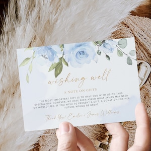 Blue gold floral wishing well card baptism holly communion template, boy christening birthday request cards insert baptism card - C35