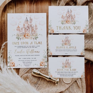 Once upon a time baby shower invitation bundle template, castle baby shower invitation set, modern girl baby showe invitation set - C511