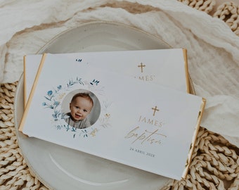 Boy baptism chocolate bar wrapper printable, blue gold baptism chocolate wrappers with photo, boy christening chocolate bar favors - C208