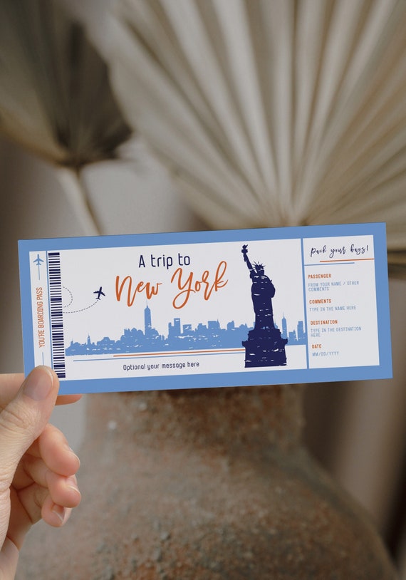 New York surprise boarding pass, printable airline ticket template