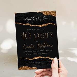 Black & gold adult 40th birthday invitation for him or her, any age gender neutral adult forty birthday party invitation card printable-C471