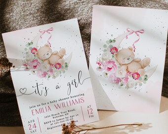 Girl Bear On Pink Floral Moon Baby Shower Invitation Template It's A Girl - C753-g