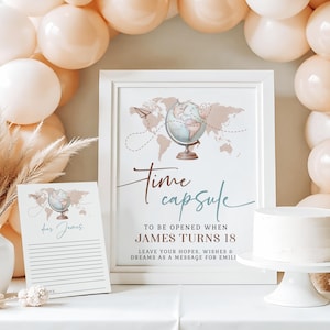Globe first birthday time capsule printable, world travel birthday time capsule sign and card, map birthday time capsule sign and card -C690