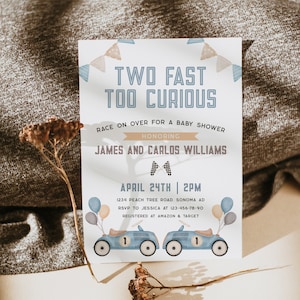 Boy race car baby shower invitation, blue retro car boy baby shower invitation, vintage sports car baby shower invitation printable - C273