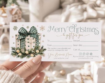 Merry Christmas Gift Certificate Printable: Holiday Green Gingham Present For You Card Voucher