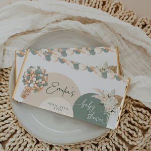 Boho sage green baby shower chocolate bar label printable, bear baby shower chocolate bar wrapper, bear on air balloon candy label - C428