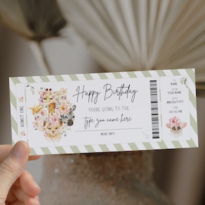 Zoo printable ticket, surprise trip to the Zoo, happy birthday Zoo gift voucher template DIY, Zoo trip ticket voucher, Zoo Visit Safari trip