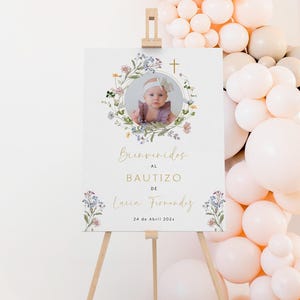 Wildflowers spanish baptism welcome sign template, modern floral bautizo welcome sign with photo, cartel religioso floral bienvenida - C515