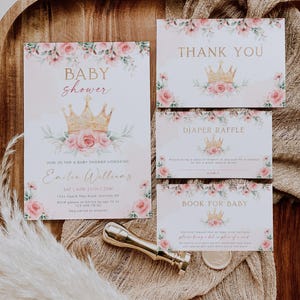 Girl pink floral invitation set printable, little princess baby shower invitation set, princess gold crown baby shower invite set - C483