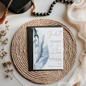 Modern medical college graduation invite template, medical graduation invitation, medical doctor grad invite for man blue decoration - C486