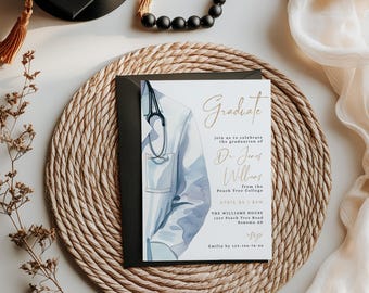 Modern medical college graduation invite template, medical graduation invitation, medical doctor grad invite for man blue decoration - C486